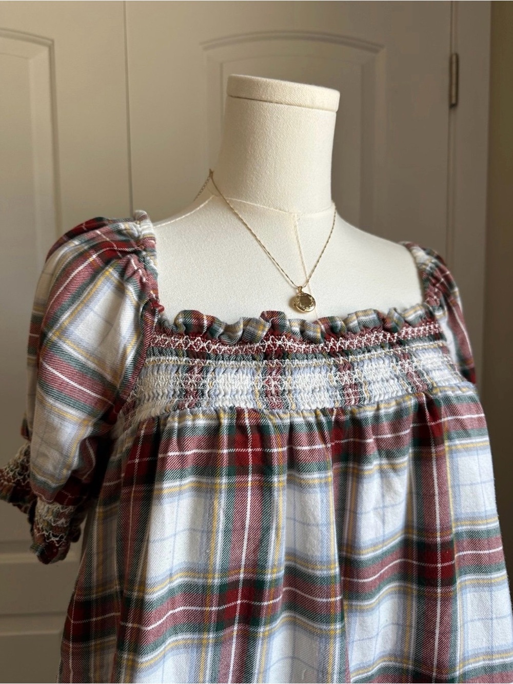 American Eagle Outfitters Plaid Smocked Peasant Dress in Red, Green, White